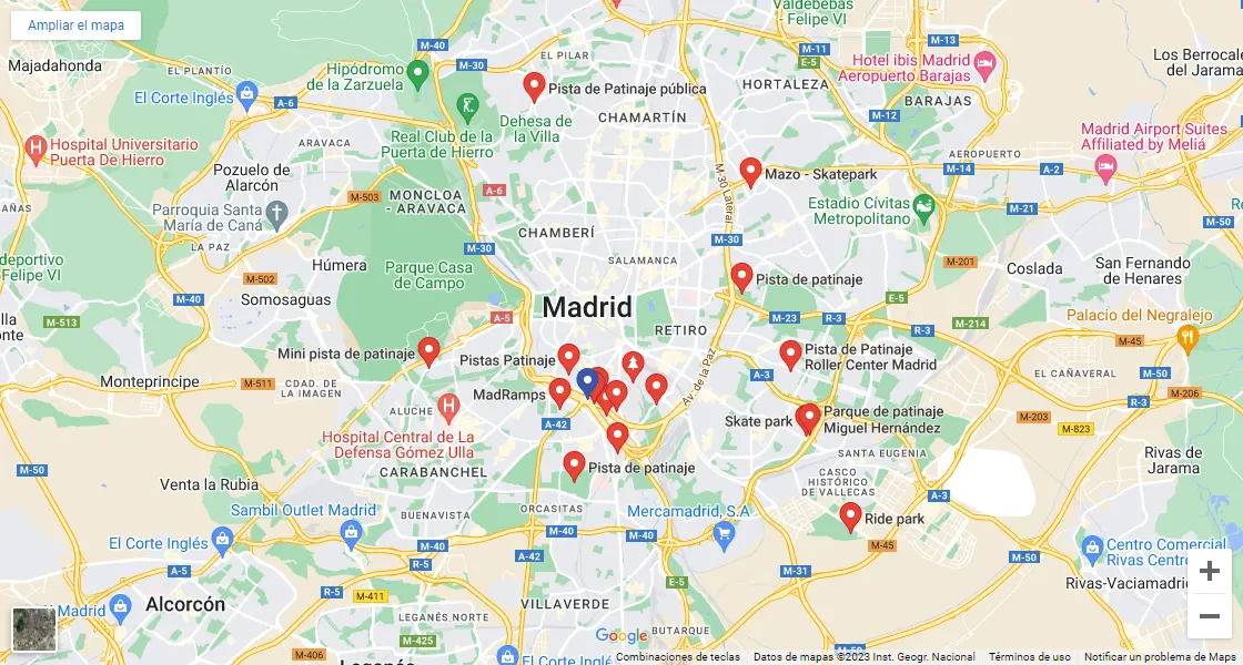Patinar en Madrid - Mapa de los diferentes puntos para patinar